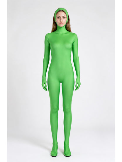 Green Tight-Fitting One-Piece Bodysuit with Attached Hood main product view