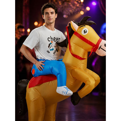 Adult Inflatable Horse Costume, Funny Halloween Ride-On Outfit with Red Saddle on-model view