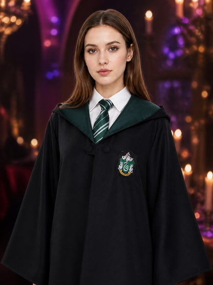 Slytherin Wizard Robe Costume Set with Tie, Hooded Halloween Outfit on-model view