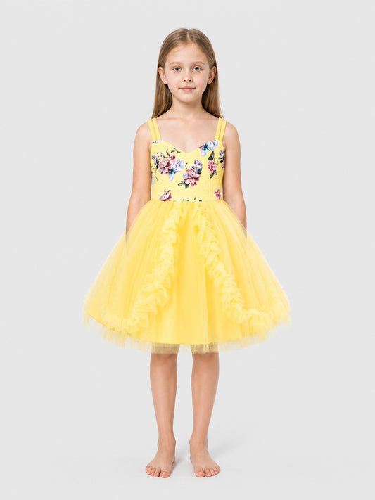 Yellow Princess Dress with a Full Skirt and Ruffles on-model view