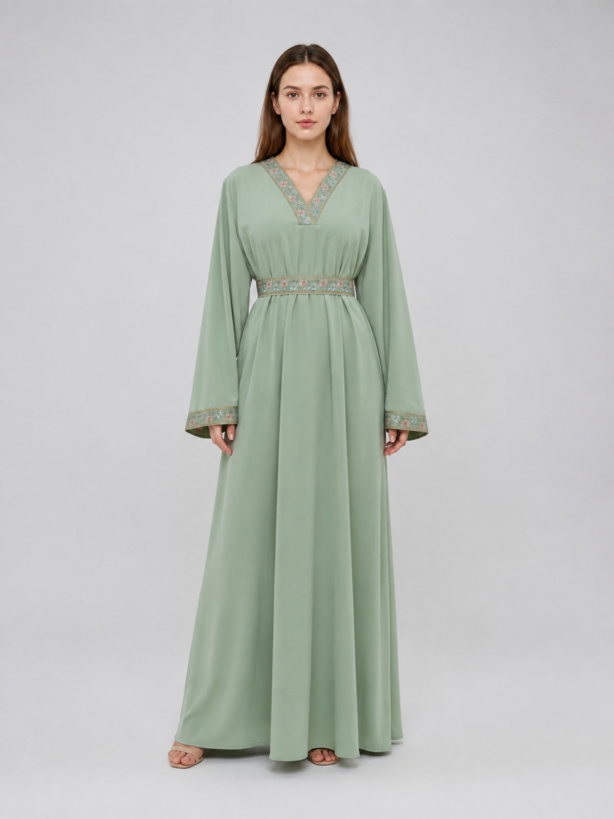Light Green Embroidered Dress with Tie Belt on-model view