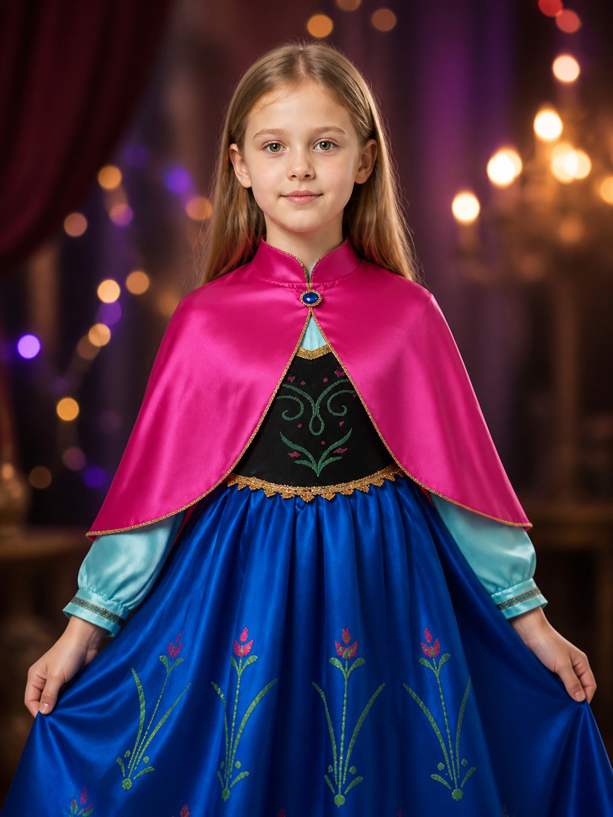 Girls Anna Princess Costume Dress, Long-Sleeve High-Neck Halloween Outfit on-model view
