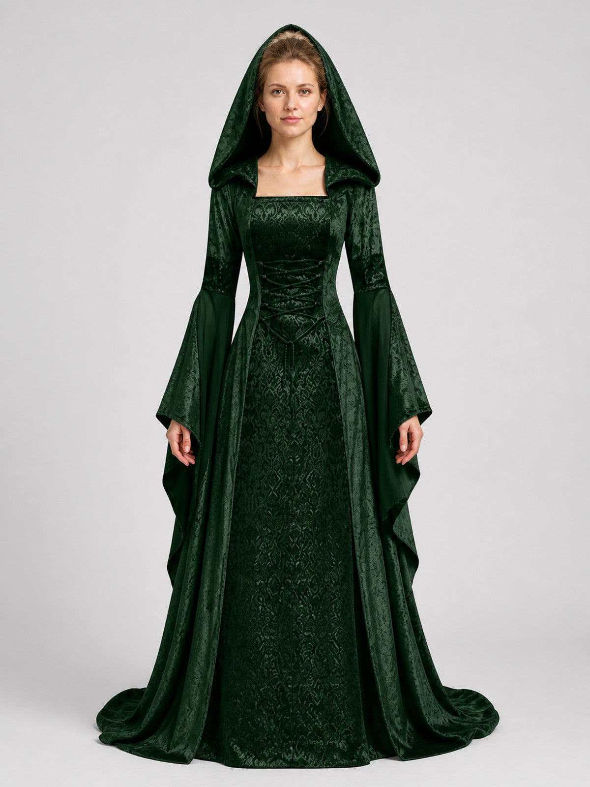 Gothic Hooded Dress with Waist Lacing on-model view