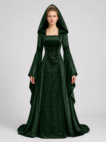 Gothic Hooded Dress with Waist Lacing on-model view
