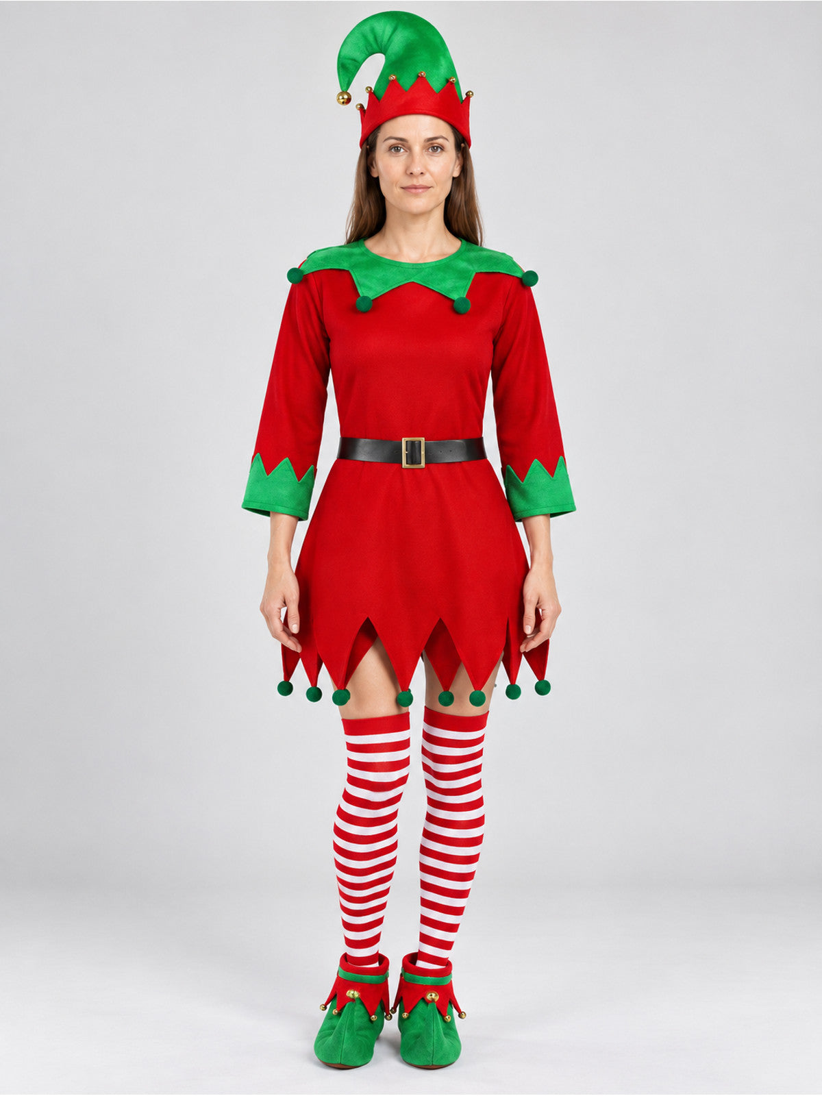 Elf Costume: Red Dress and Hat on-model view