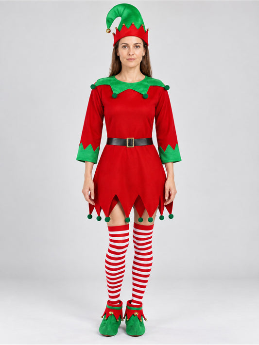 Elf Costume: Red Dress and Hat on-model view