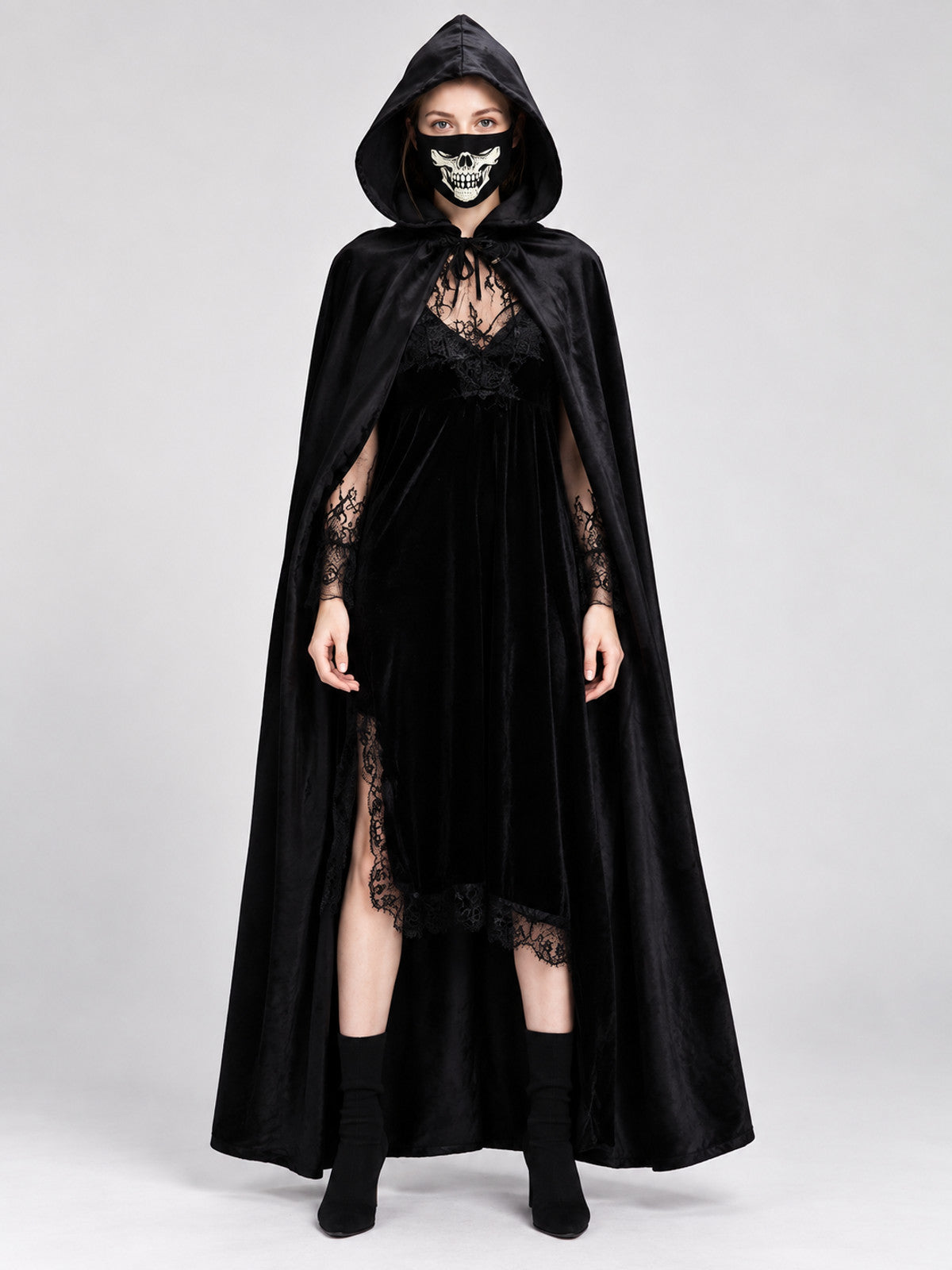 Costume Cloak with Hood and Mask on-model view