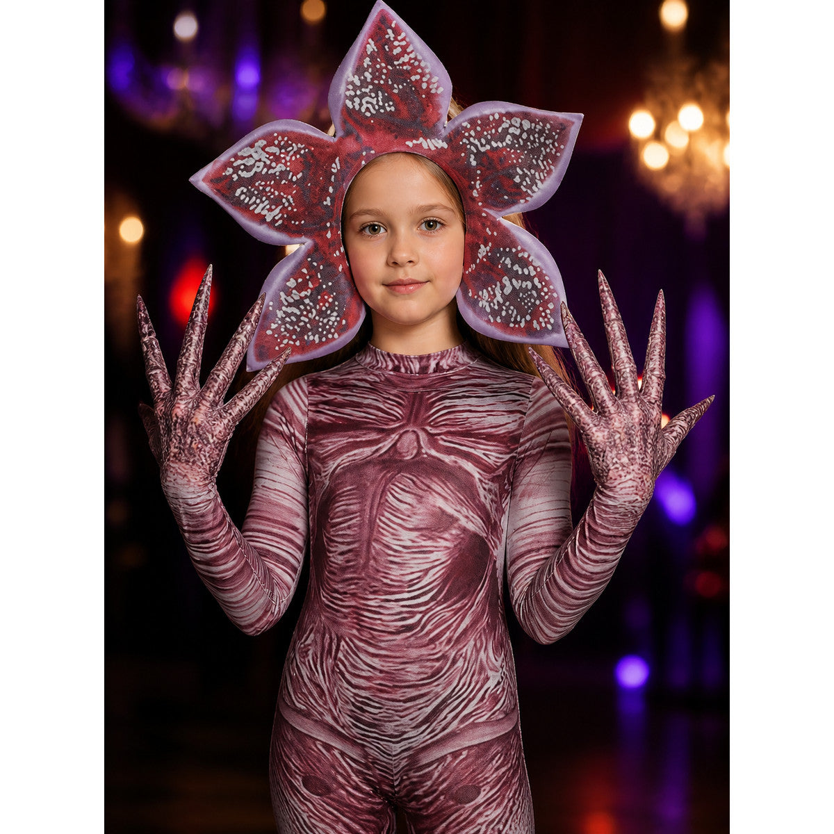 Unisex Halloween Carnivorous Plant Bodysuit Costume Set with Headpiece and Claws on-model view