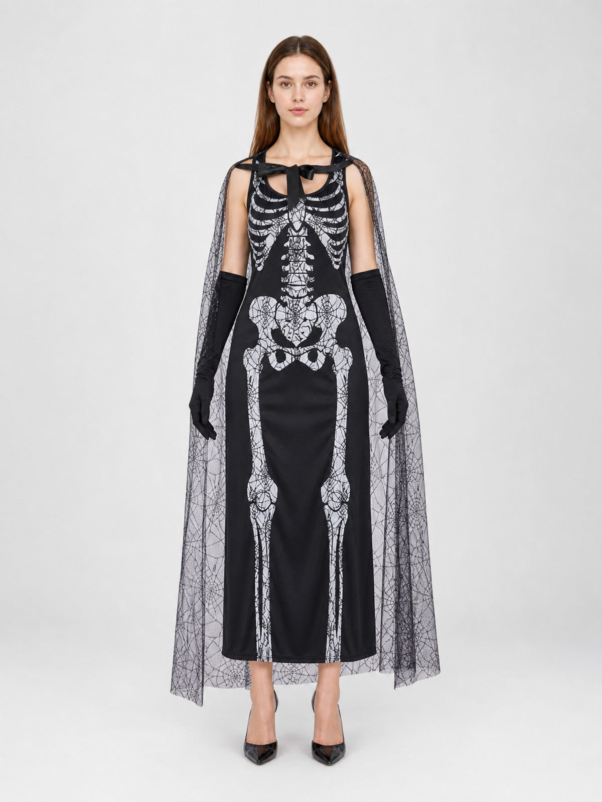 Gothic-style Halloween costume with dress and accessories: a black sleeveless