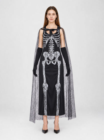 Gothic-style Halloween costume with dress and accessories: a black sleeveless