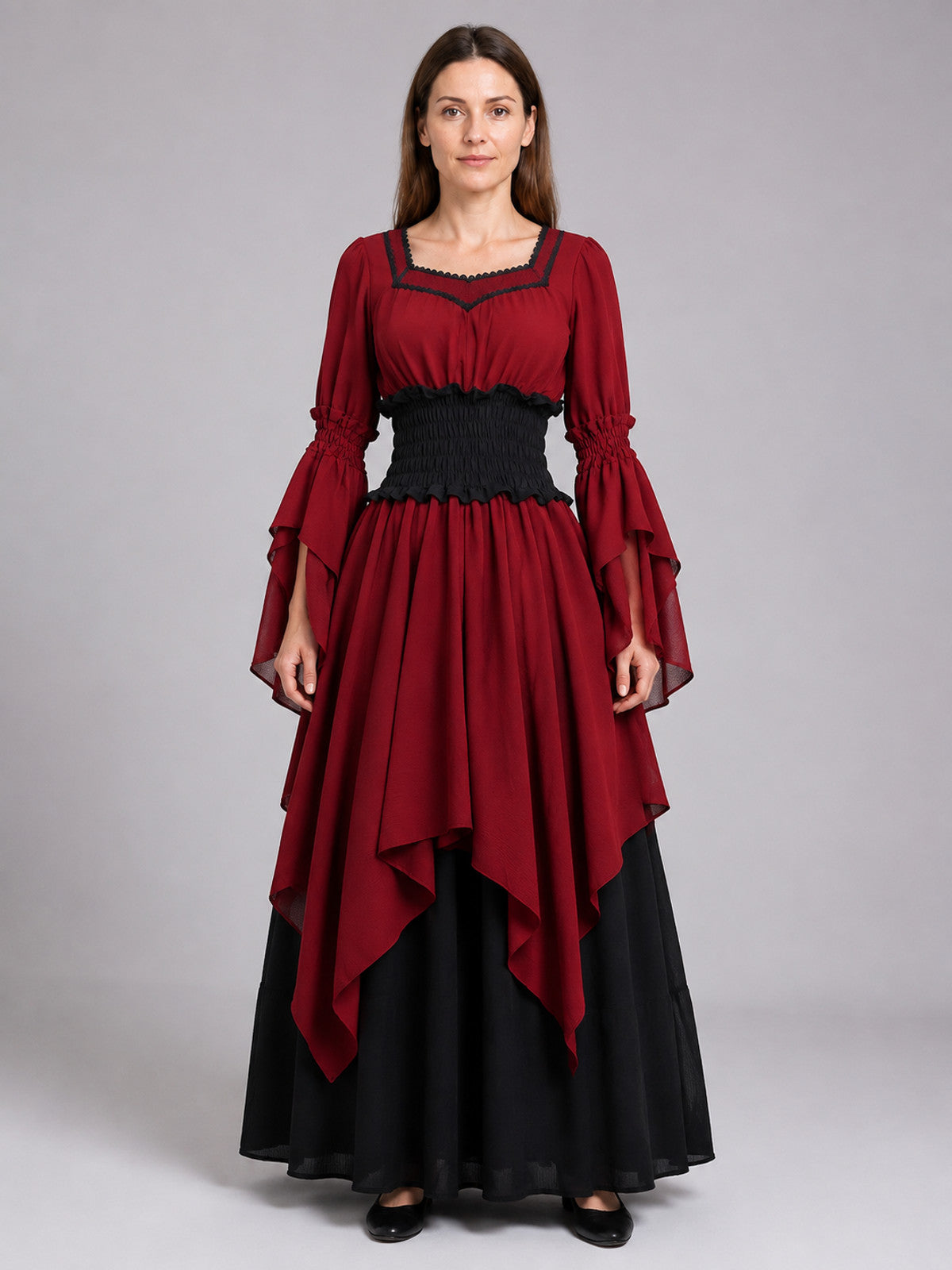 Burgundy Theatrical Dress with a Black Skirt on-model view
