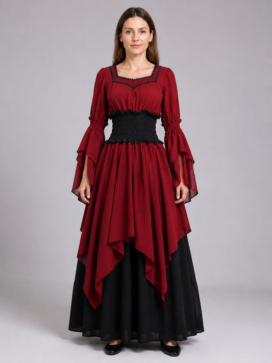 Burgundy Theatrical Dress with a Black Skirt on-model view