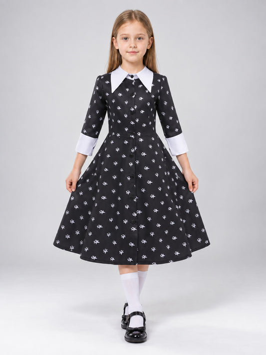 Children's costume dress with a white bow print on-model view