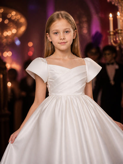 Girls' White Princess Dress, Short Sleeve Pleated Full-Skirt Formal Dress