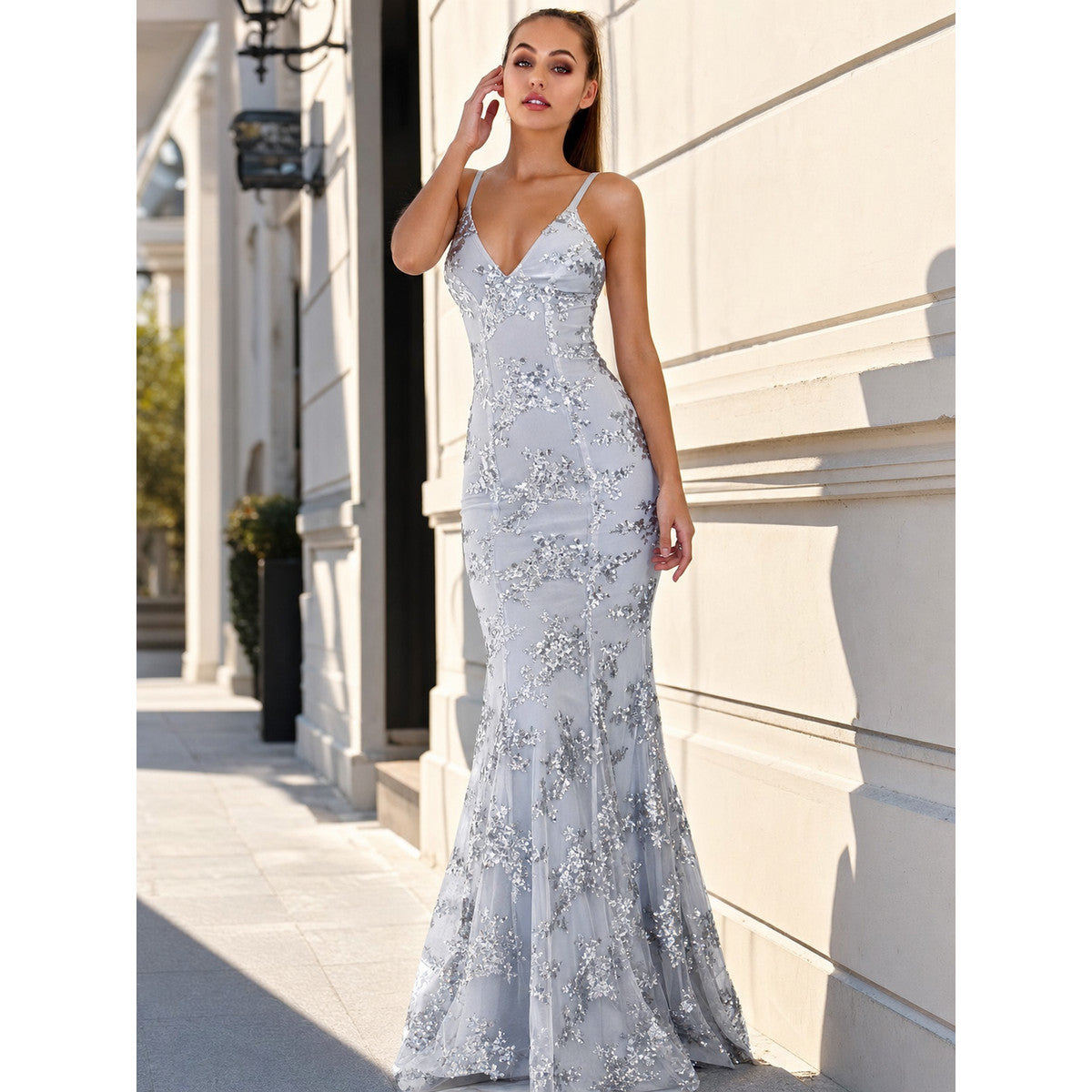 Women's Silver-Gray Sequin Dress with a V-Neckline main product view