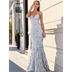 Women's Silver-Gray Sequin Dress with a V-Neckline