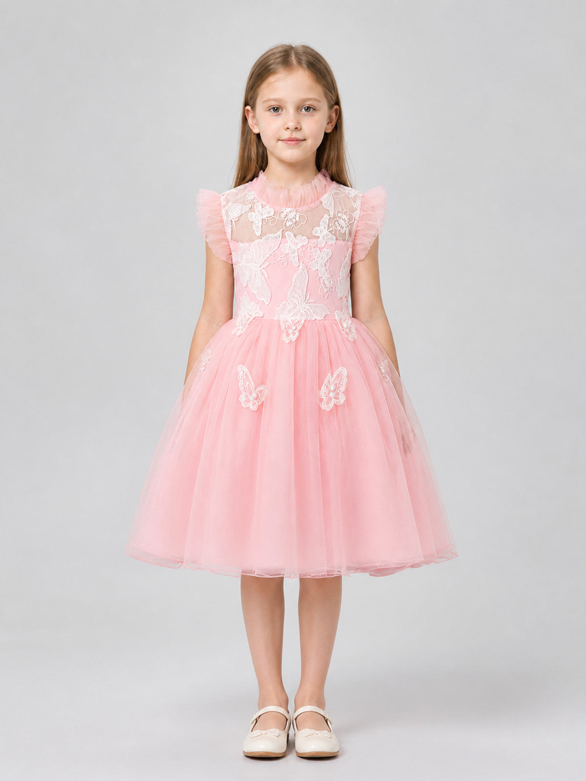 Festive Girls' Dress with a Full Skirt and Butterflies on-model view