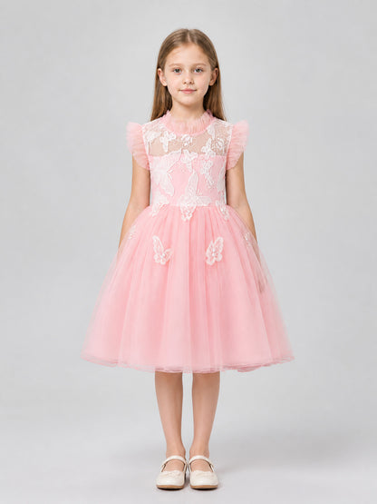 Festive Girls' Dress with a Full Skirt and Butterflies on-model view