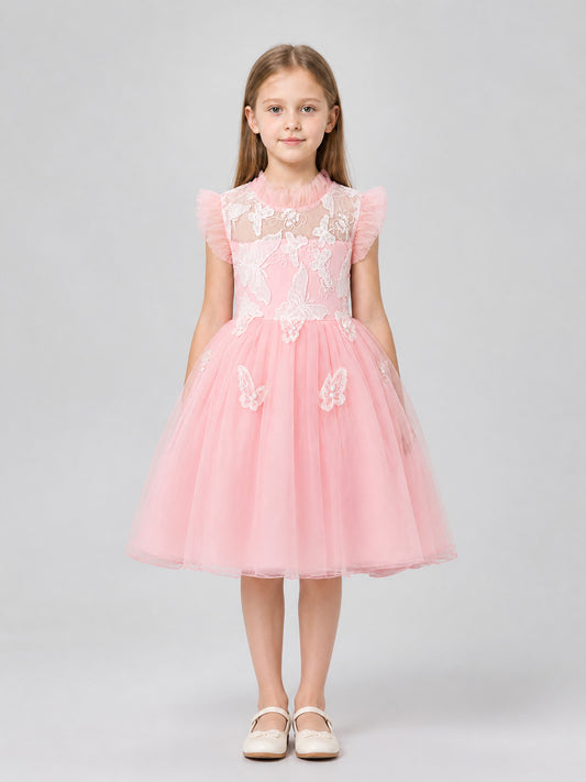 Festive Girls' Dress with a Full Skirt and Butterflies on-model view