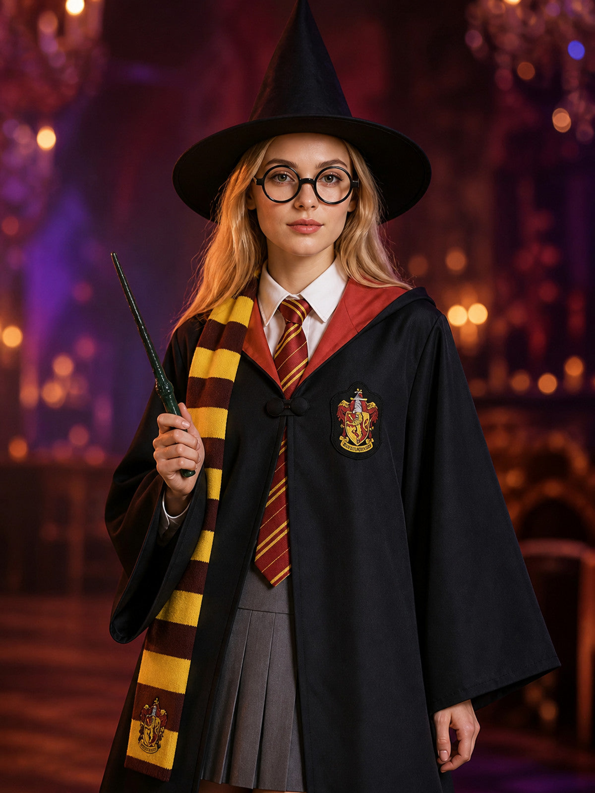 Wizard Costume Set, 8-Piece Robe Outfit with Hat, Scarf, Glasses, Wand and Tie on-model view