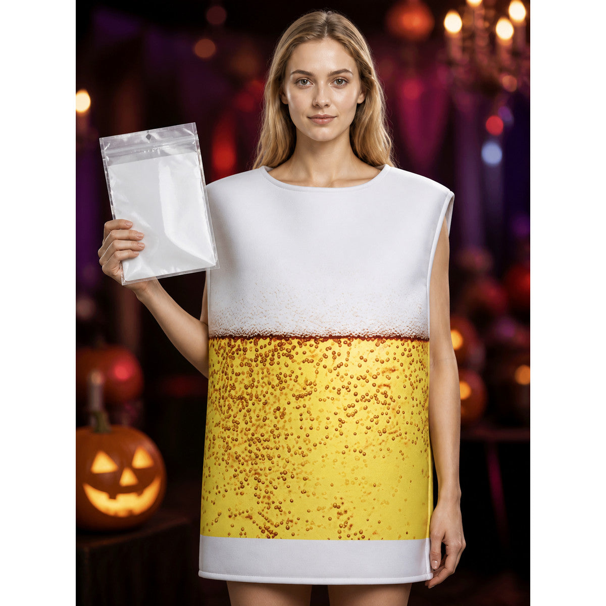 Beer Mug Foam Bodysuit Costume, Yellow and White Sponge Outfit, Funny Halloween on-model view