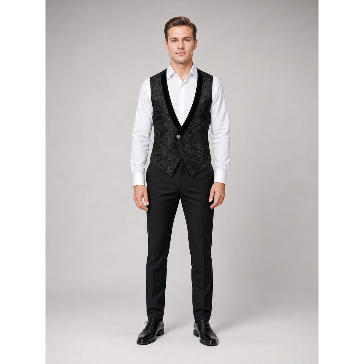 Black Jacquard Vest for Halloween on-model view