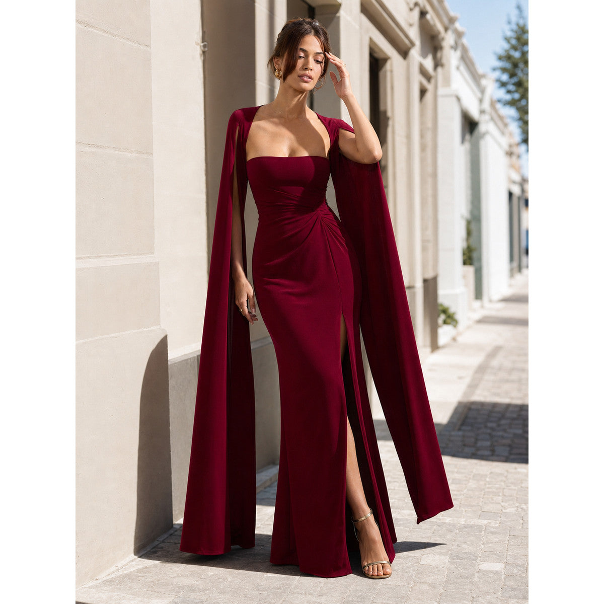 Long Burgundy Dress with a Square Neckline and Slit