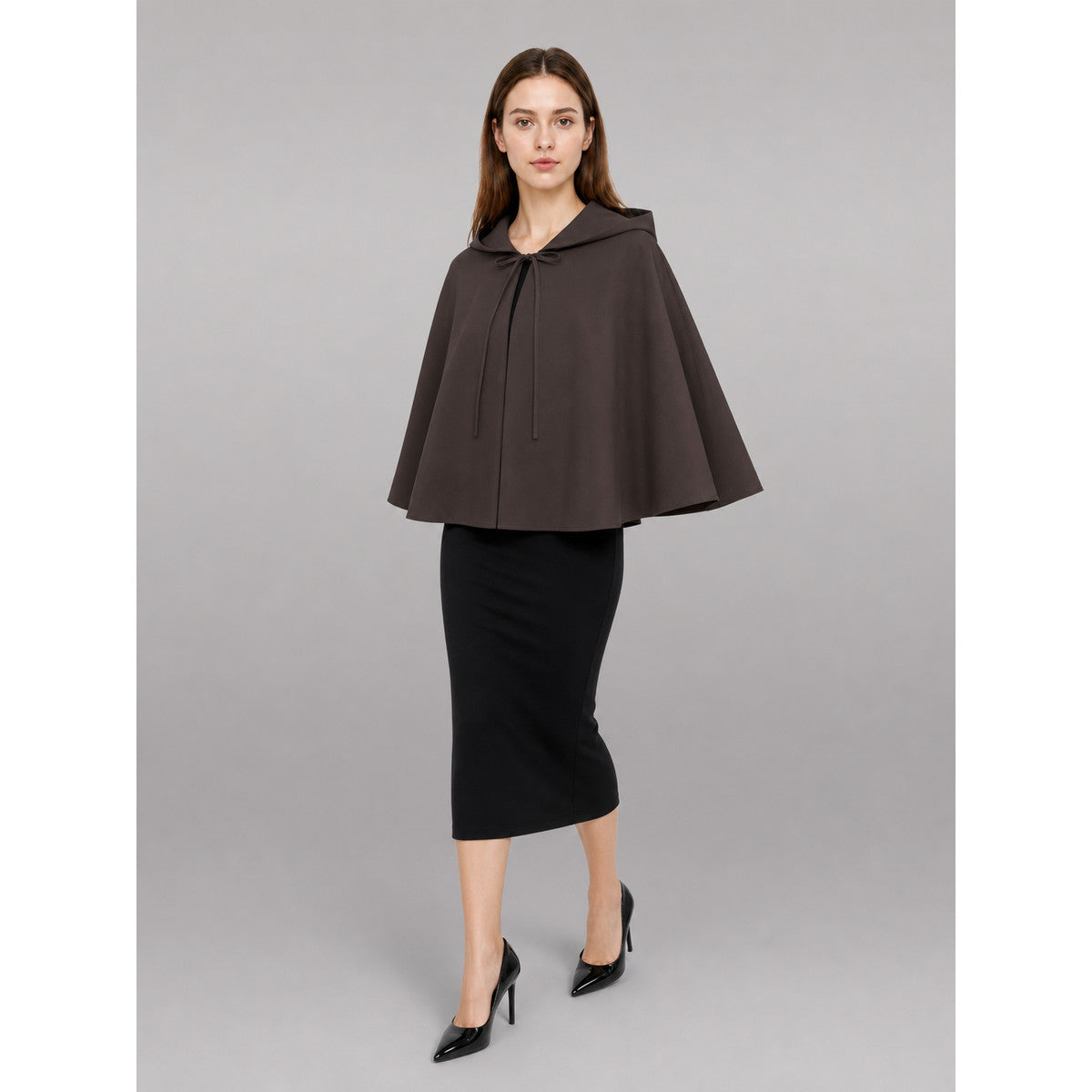 Dark Brown Hooded Costume Cloak front view