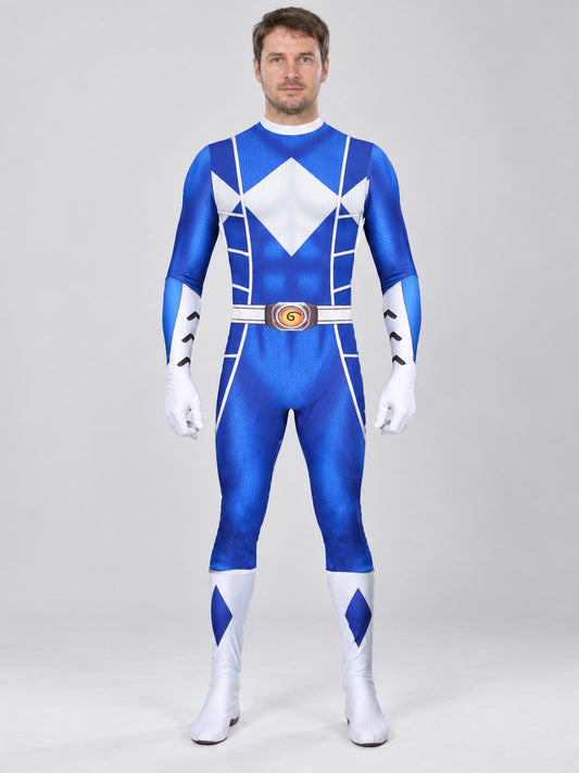 Blue and white cosplay costume with belt, gloves, and leg warmers