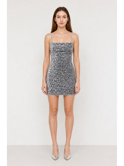 Silver Short Sequin Dress with Thin Straps main product view