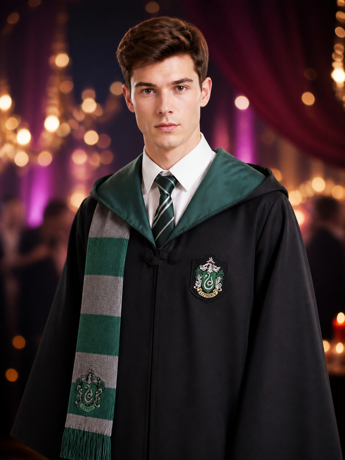 Green Hooded Wizard Robe Costume Set With Striped Scarf And Tie