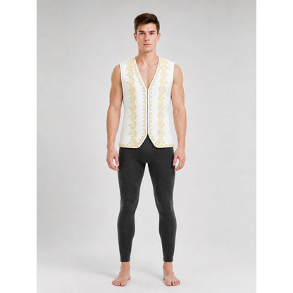 White Sleeveless Decorative Vest with Gold Trim