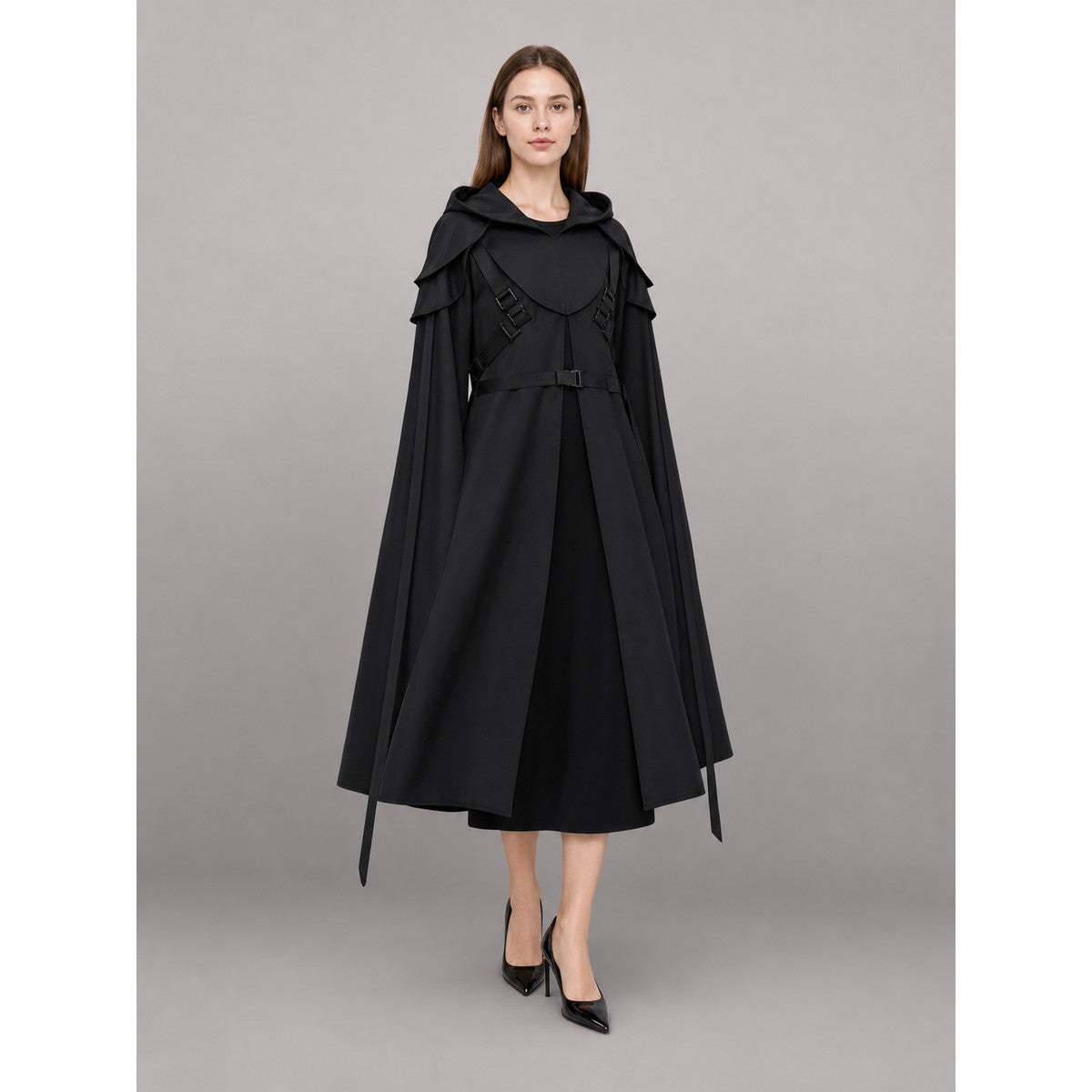 Black Carnival Cloak with Hood for Cosplay front view