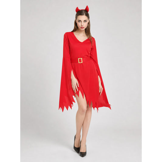 Red Halloween devil costume dress with horns