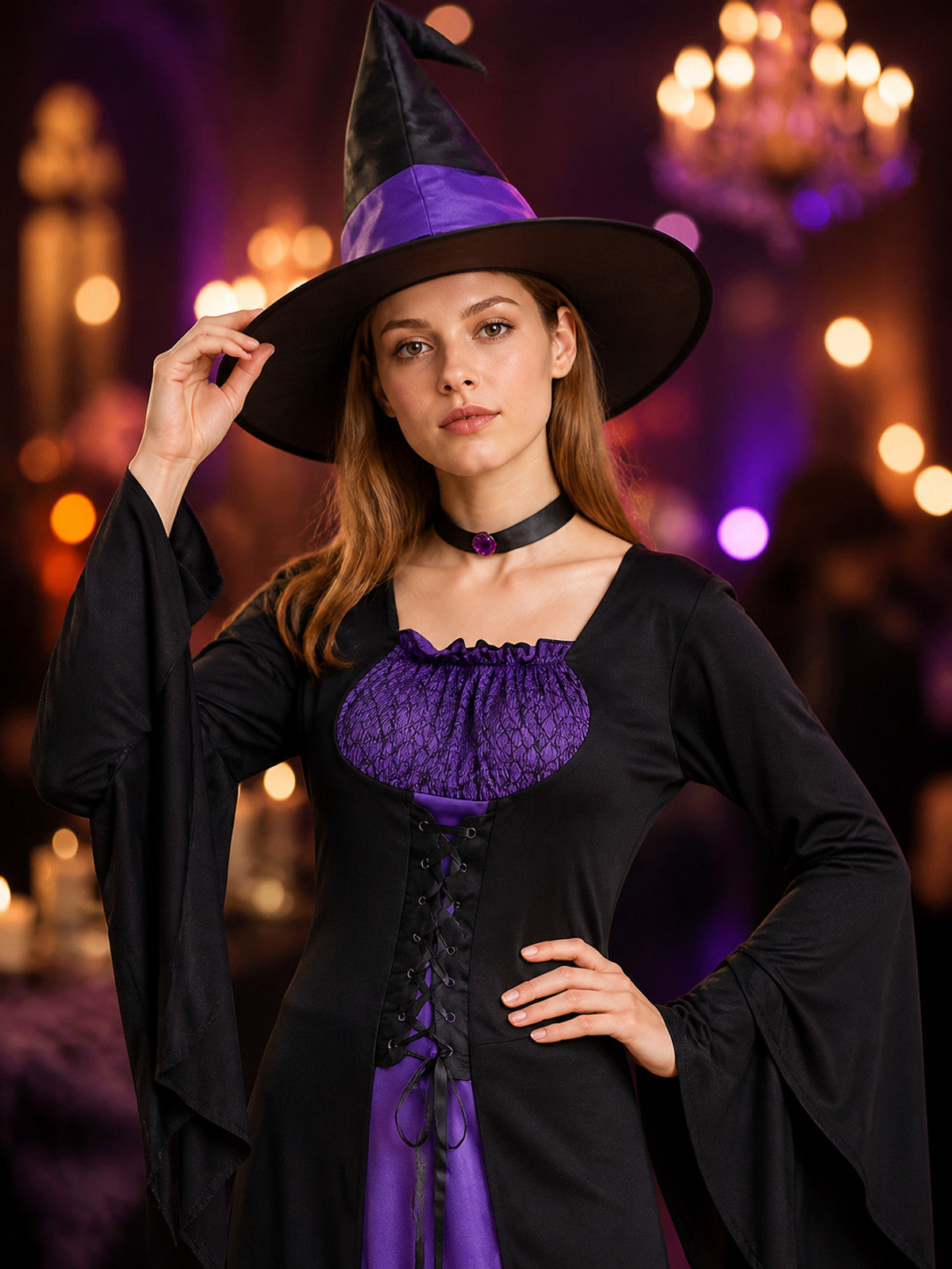 Witch Costume with Hat and Flared Sleeves for Halloween on-model view