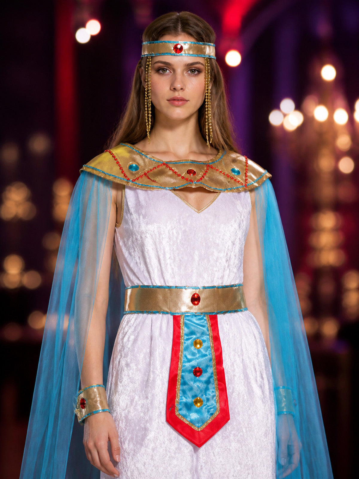 Egyptian Cleopatra Costume Set, White Dress With Gold Belt, Headpiece And Blue on-model view
