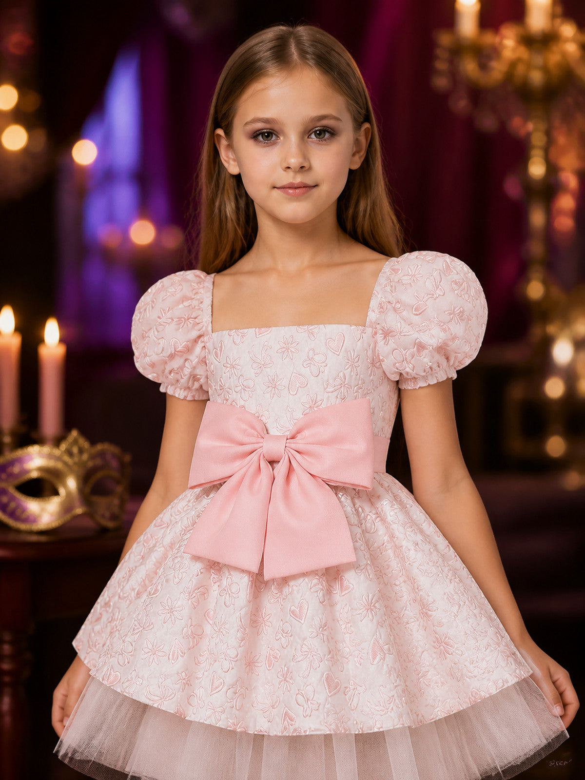 Toddler Girls' Princess Dress with Puff Sleeves, Bow and Heart Flower Embroidery on-model view
