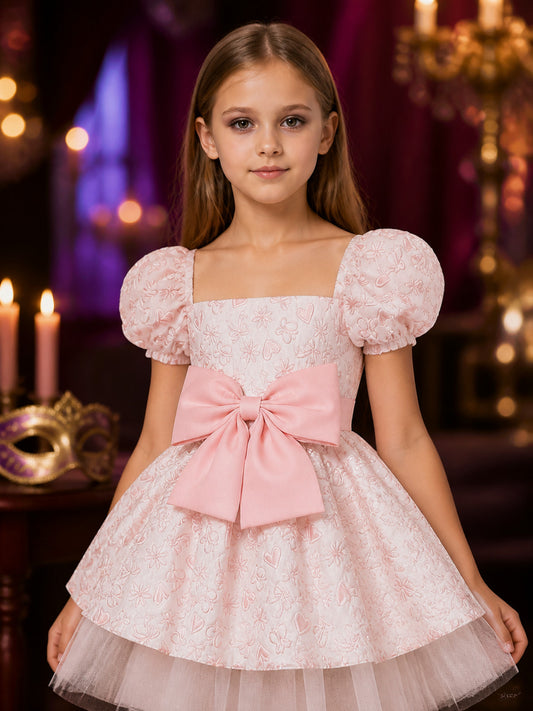 Toddler Girls' Princess Dress with Puff Sleeves, Bow and Heart Flower Embroidery on-model view