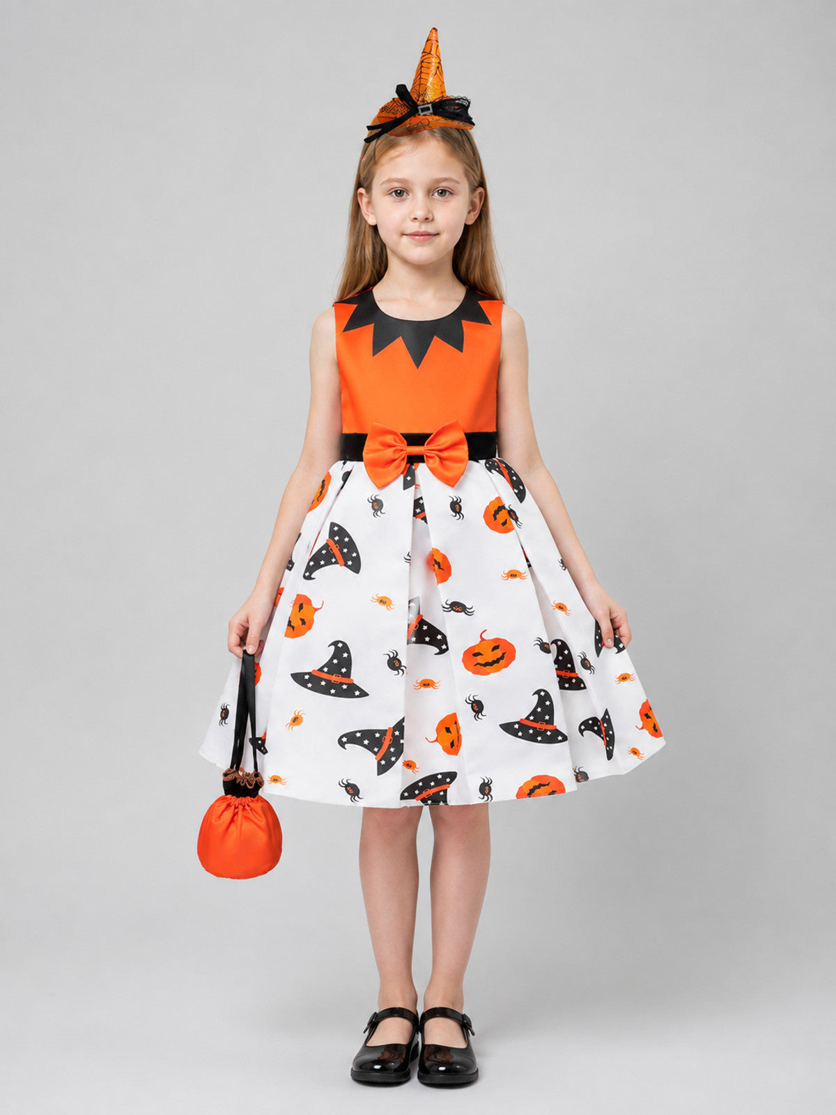 Children's Halloween Costume Dress with Pumpkin Print on-model view