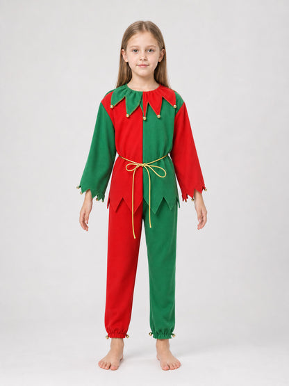 Children’s Christmas elf costume in festive red and green with gold and yellow