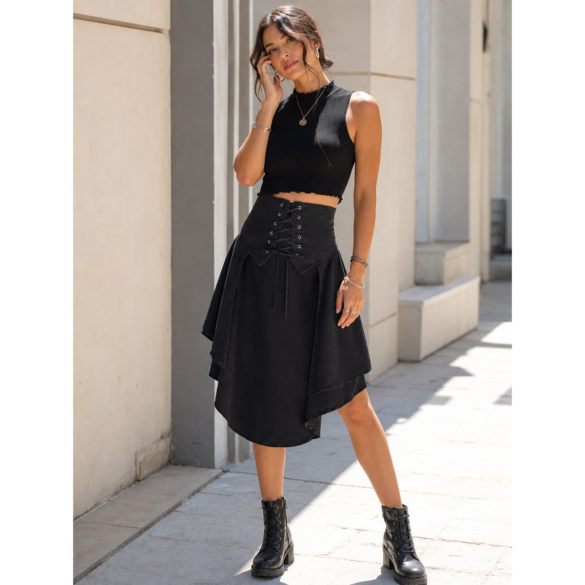 Black Gothic Lace-Up Top with Layered Hem