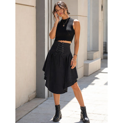 Black Gothic Lace-Up Top with Layered Hem