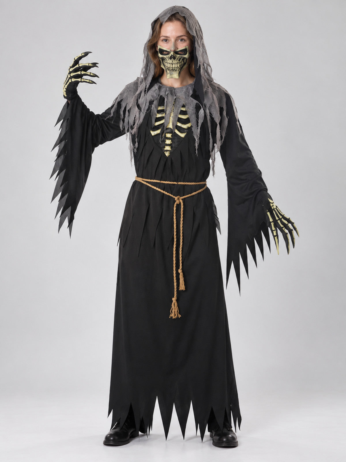 Halloween Carnival Costume: Black Robe, Skull Mask