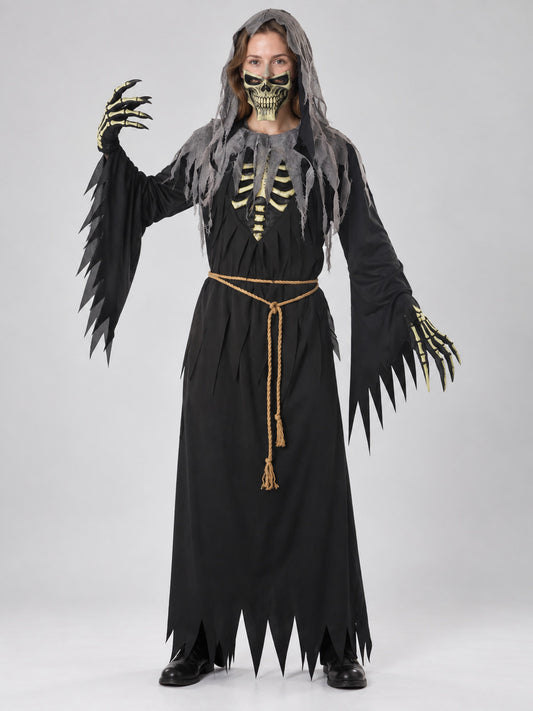 Halloween Carnival Costume: Black Robe, Skull Mask