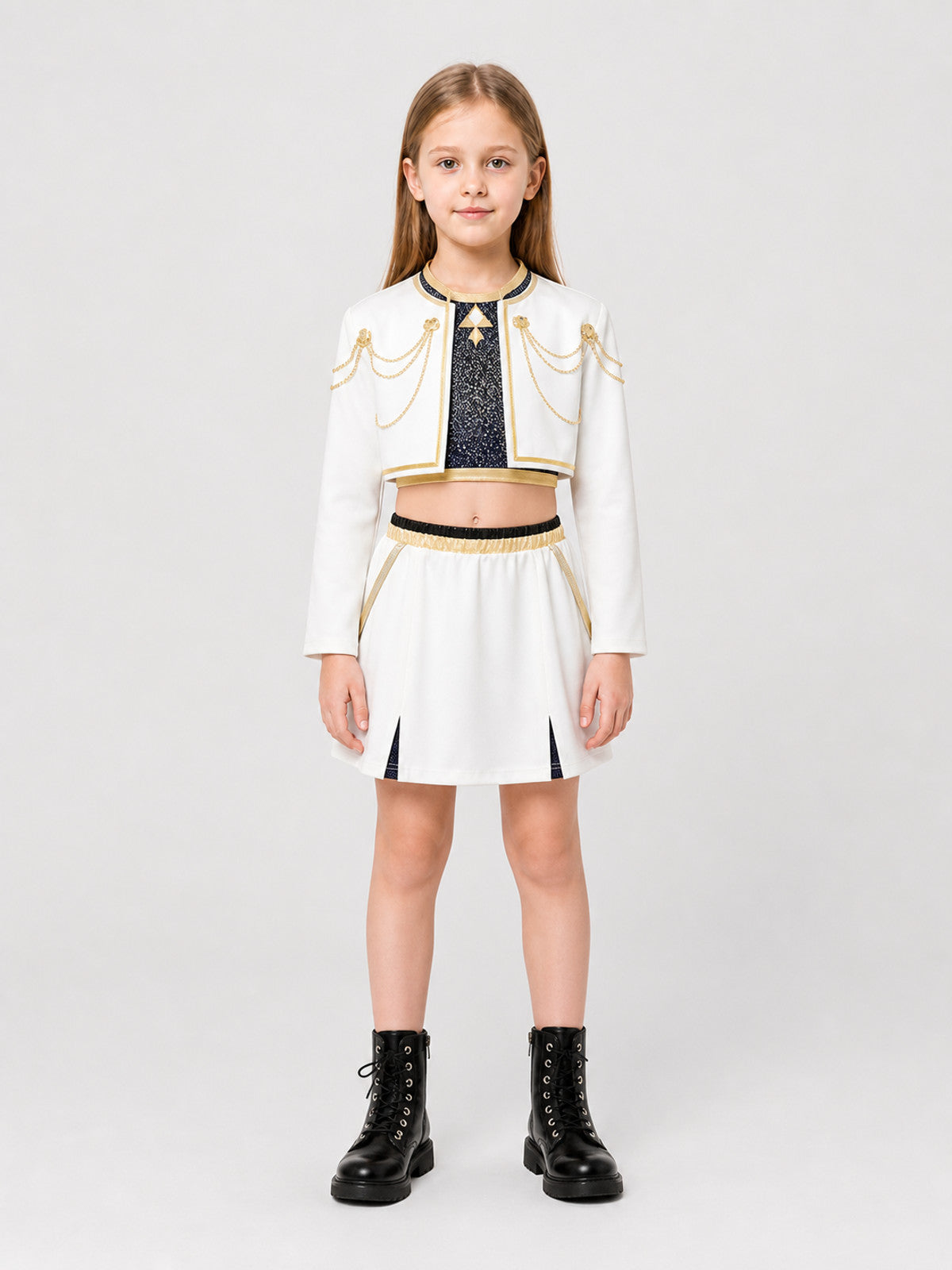Children's Stage Costume with Glittery Top: Jacket and Skirt on-model view