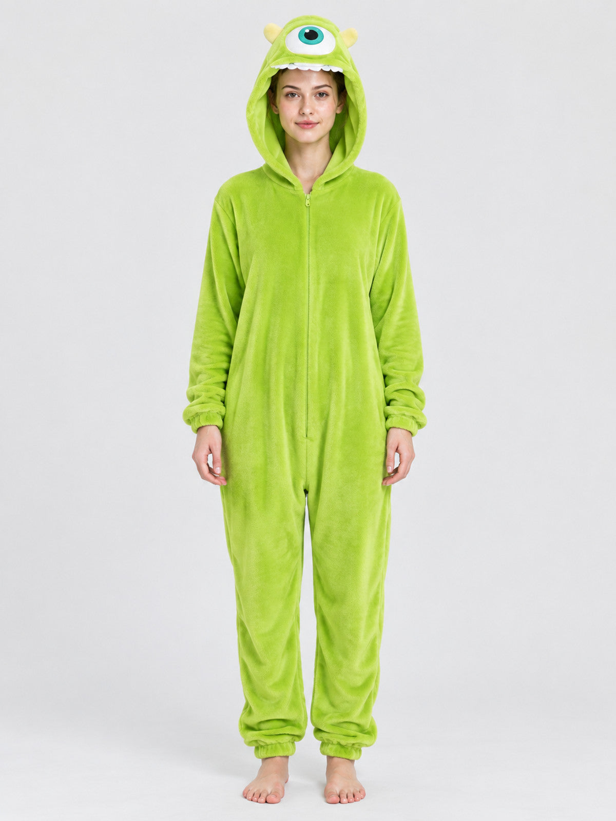 Green Plush Hooded Zip Pajama Jumpsuit