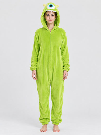 Green Plush Hooded Zip Pajama Jumpsuit
