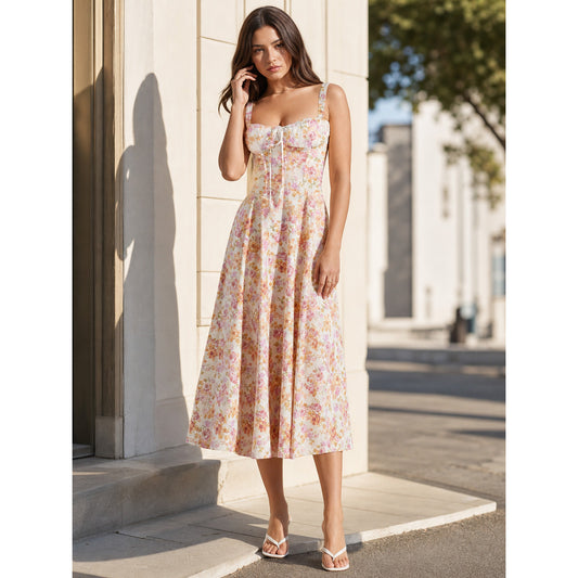 Women's midi dress with shoulder straps and floral print
