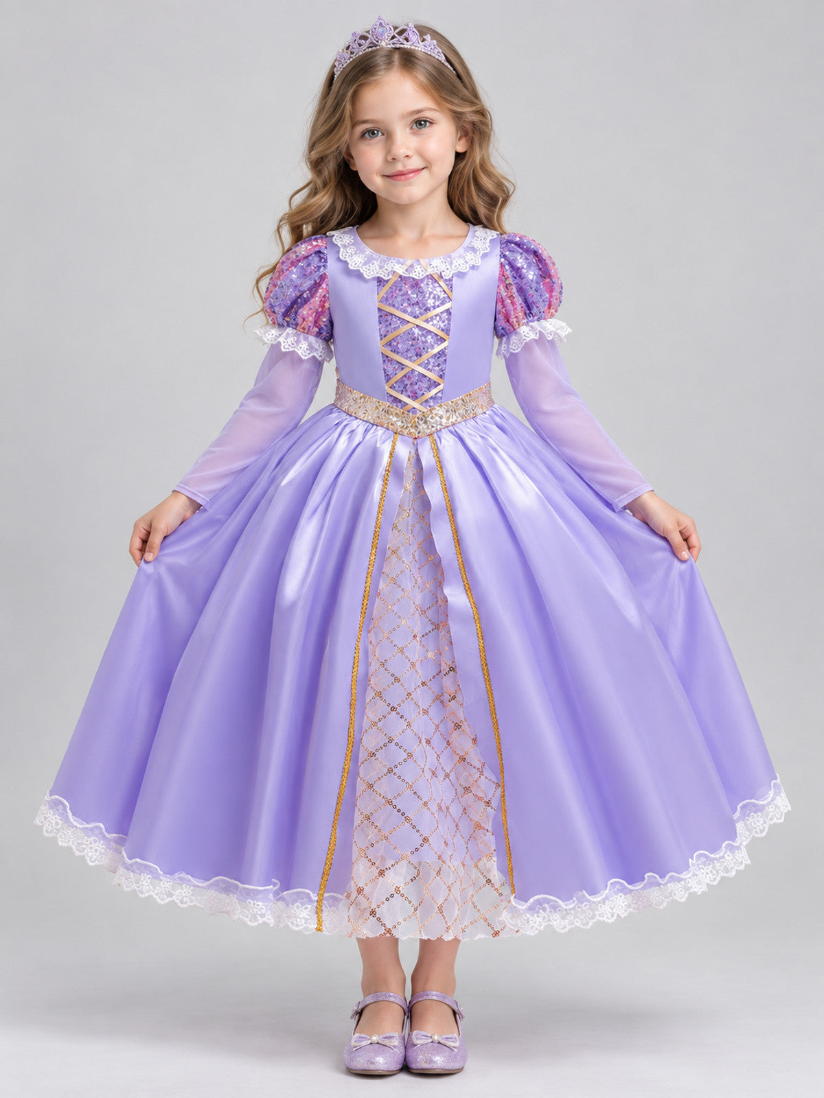 Purple Girls' Holiday Dress with Lace and Bow