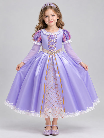 Purple Girls' Holiday Dress with Lace and Bow